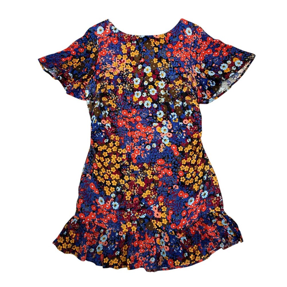 Anthropologie Women's Size 10 Ruffled Satin Floral Mini Dress Short Sleeve NWT
